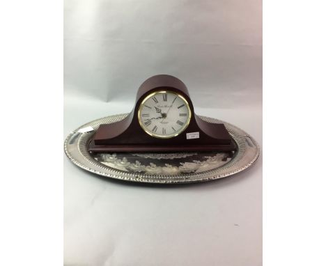 SILVER PLATED SERVING TRAY, along with a modern mantel clock