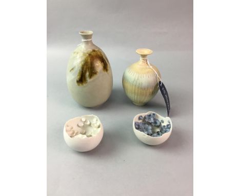 FULNECK VASE, along with another studio pottery vase and two ceramic egg shaped ornaments (4)