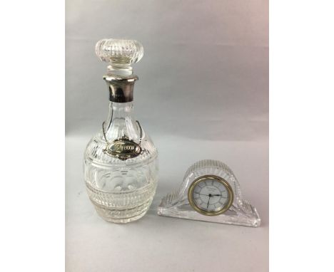 SILVER COLLARED CRYSTAL DECANTER, along with a Waterford crystal clock