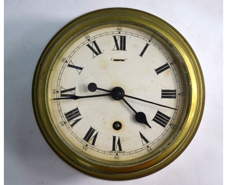 A vintage 8-day single fusee brass bulkhead clock, the white enamelled dial with Roman numerals, Arabic seconds and seconds h