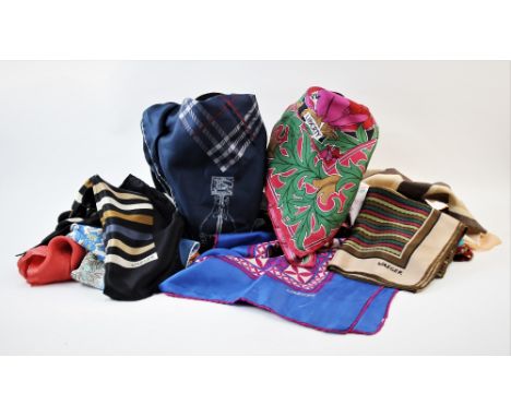 A collection of ladies silk scarves, to include a Burberrys navy blue nova check example, made in Italy, 73cm square, a Liber