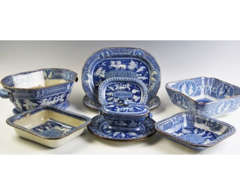 A collection of 19th century blue and white transfer printed Herculaneum pottery, comprising; a tureen, two oval meat plates,