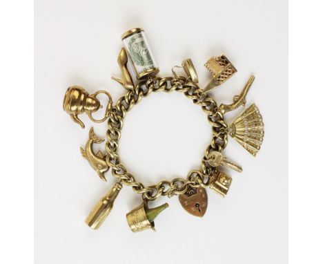 A 9ct gold charm bracelet, comprising a 9ct gold curb-link bracelet, with a heart-shaped padlock fastener and attached safety