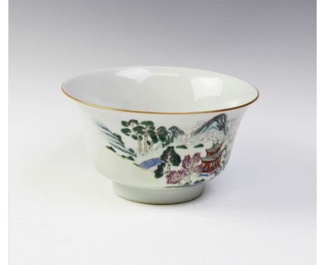 A Chinese porcelain Republic bowl, Qianlong seal mark (20th century), the flared circular bowl externally decorated in the fa