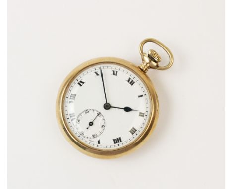 A 9ct gold open face pocket watch, the round white enamel dial with roman numerals and a subsidiary seconds dial to six 'o' c