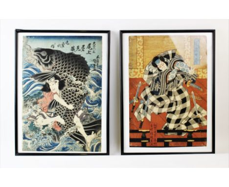 Toyohara Kunichika (1835-1900), Kabuki actor, Ichimura Kakitsu, woodblock print and a further Utagawa Toyokuni III (1786-1865