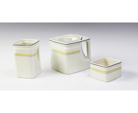 A mid 20th century Cunard Art Deco three piece cubic tea set by Foley, comprising; teapot, milk jug and sugar basin, each sta