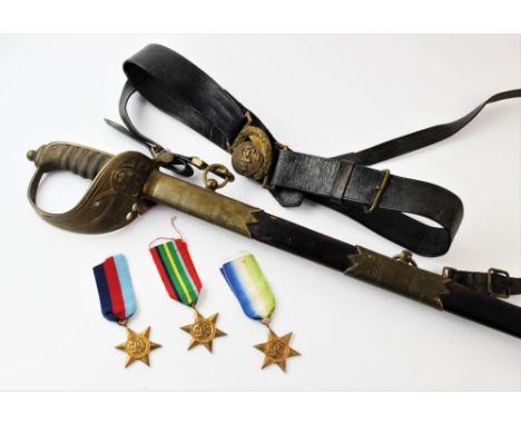 A World War II Naval officer's sword, the 79.5cm single edge straight fullered steel blade lightly engraved with the Royal Co