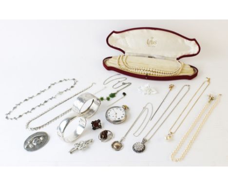 A selection of antique and modern costume jewellery, to include an Art Nouveau 9ct gold turquoise mounted hat pin, a Victoria