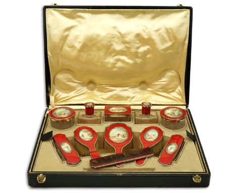 Cartier Enamel and Silver Vanity Set With Painted Scenes In The Style Of Watteau. Cartier, Made circa 1910. Very fine and rar