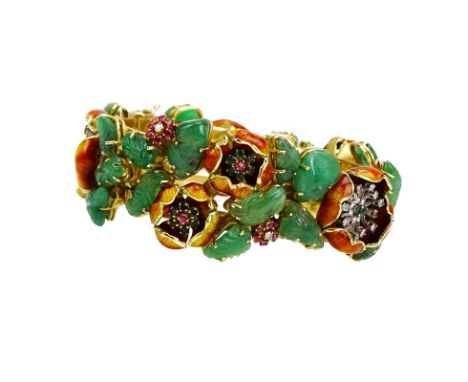 Vintage Carved Emerald, Diamond, Ruby, Emerald, Enamel and Heavy 18 Karat Yellow Gold Bracelet. Beautiful quality throughout.