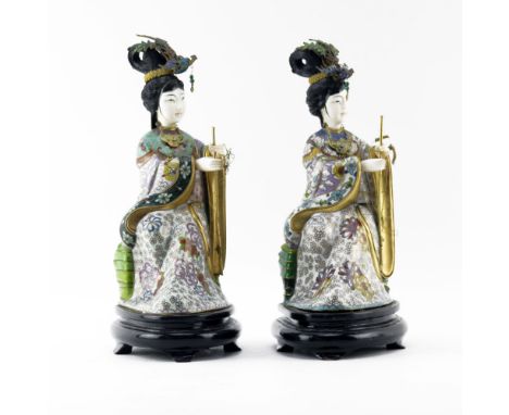 Pair of 20th Century Japanese Cloisonné and Ivory Geisha Figurines on Wooden Base. Depicts 2 geishas in traditional garb with