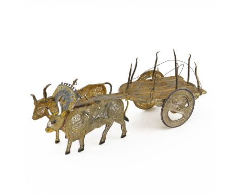 Vintage Topazio Portugal Miniature Sterling Silver and Enamel Bull-Drawn Carriage. Depicts filigree surface with enamel work 