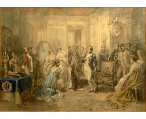 after: Vincente De Garcia Paredes, Spanish (1845- 1903) Hand Colored Lithograph "In the Parlor with Napoleon" in Carved Gilt 