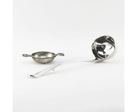 Lot of Silver including a mid 18th C tea strainer, hallmarked London 1758 and a large ladle with unknown marks. Total weight 