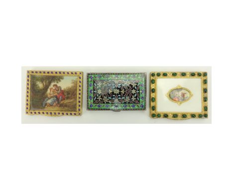 Grouping of three (3) Vintage or Antique Compacts. Includes; 2 French inlaid gilt metal compacts with portraits and 1 enamel 