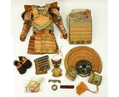 19/20 Century Samurai Silk and Brass Boys Uniform in Black Lacquered Box. Includes: Helmet and full armor (As Is condition). 