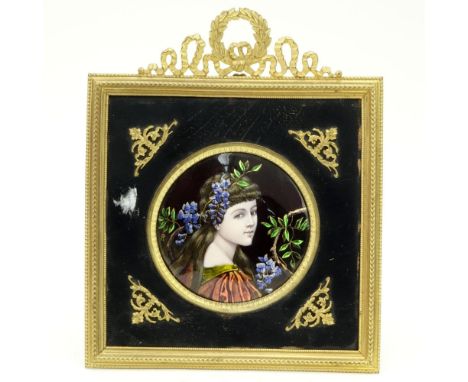 Antique French Enamel on Copper Miniature Portrait in Gilt Metal Frame. Artist signed HR? good condition. Plaque measures 3-1