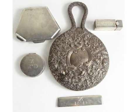 Collection of 5 Sterling Silver Vanity Items. Including a hand mirror large compact, small compact, comb cover, lipstick case