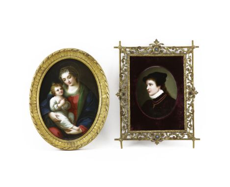Grouping of Two (2) 19/20th Century Continental Hand painted Porcelain Plaques. 1 depicts Mary and young Jesus, the other is 
