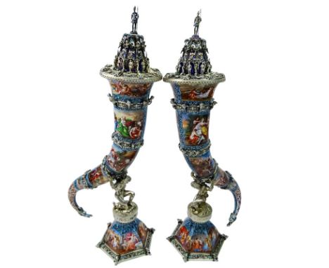 Fine Pair of Circa 1880s Viennese Semi-Precious Stone-Mounted, Silver, and Enamel Cornucopias Attributed to Hermann Bohm. Fin