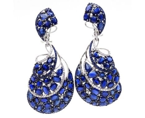 Beautiful Pair of Approx. 40.0 Carat Sapphire, 1.15 Carat Diamond and 18 Karat White Gold Chandelier Earrings. Sapphires with