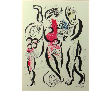 Marc Chagall (Russian, active in France, 1887 – 1985) Three Acrobats, 1956. Color Lithograph Poster in Frame. Signed Bottom R