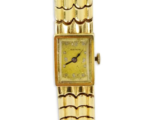 Lady's Vintage 14 Karat Yellow Gold Gertrude Bracelet Watch with manual Movement. Signed 14K.  Appears to be running. The gal