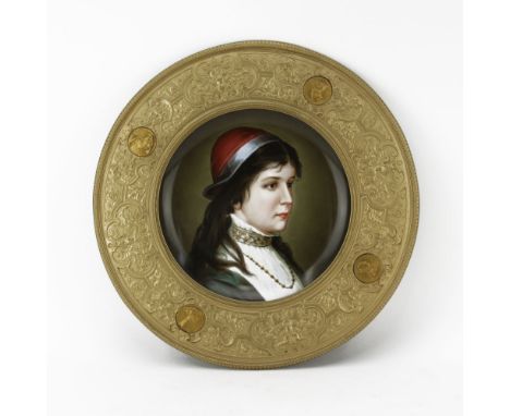 19th Century German Hand Painted Porcelain Portrait Charger Mounted in Gilt Metal/Brass Frame. Unsigned. Good condition. Meas