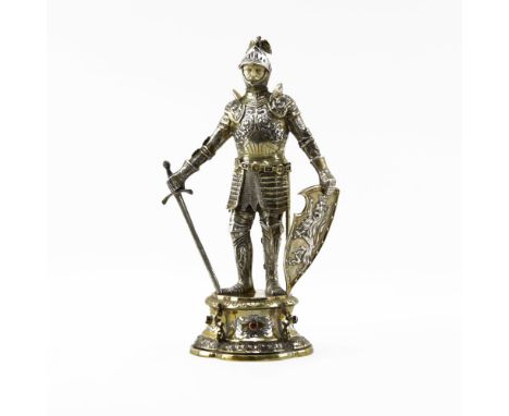 German 925 Silver Standing Knight Figure. Carved face. Accented with gold wash and inset gemstones. Signed Germany 925. Light