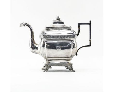 Joseph Lownes, American (1758-1820) Circa 1800s Philadelphia, Pennsylvania Coin Silver Teapot. Floral repousse trim, monogram