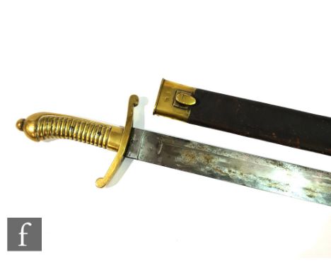 A 19th Century French artillery short sword, brass ribbed hilt and scroll quillion stamped 12.A.F.8.101, with brass mounted l