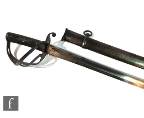 An 1861 pattern artillery officer's pattern sword, un-named with metal scabbard, pierced basket, length of blade 89cm, S/D