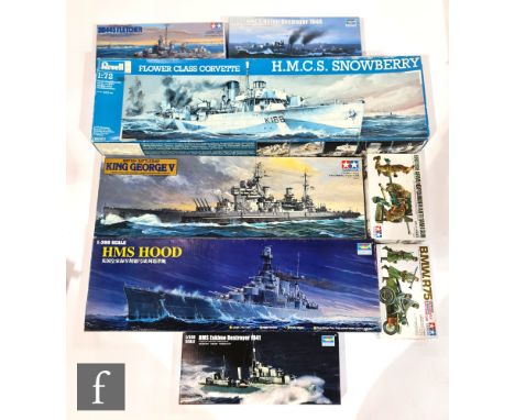 Five Tamiya 1:35 and 1:350 scale plastic model kits, ships and military related, to include 78010-6500 King George V Battlesh