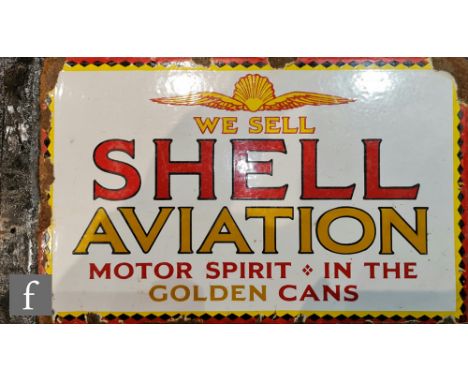 A double sided enamel advertising sign for Shell Aviation, yellow and red lettering 'We Sell Shell Aviation Motor Spirit in t