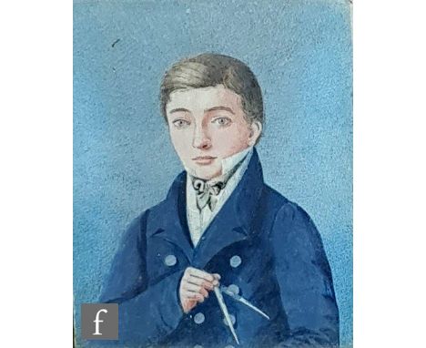 ENGLISH SCHOOL (EARLY 19TH CENTURY) - Portrait of a young man wearing a blue top coat and holding a pair of dividers, waterco