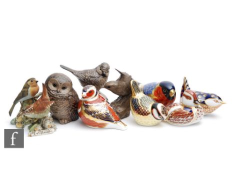 Five assorted Royal Crown Derby paperweights modelled as various birds, all with printed marks and gold stoppers, together wi