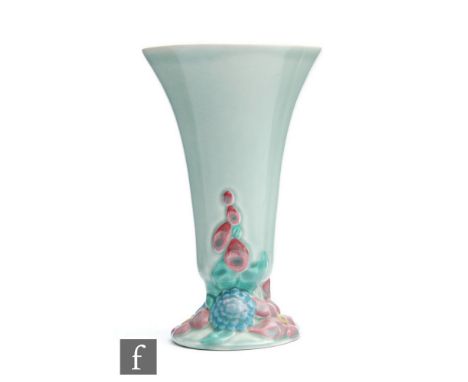 A late 1930s Clarice Cliff My Garden vase of footed trumpet form, the base relief moulded with flowers and foliage picked out