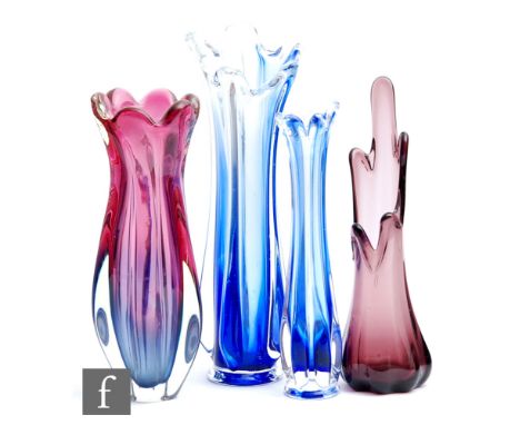 A post war Czechoslovakian Sommerso glass vase in the manner of Cribska, the fluted swollen body in clear crystal over a grad