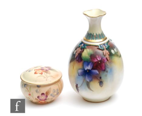 A small early 20th Century Royal Worcester bud vase decorated with hand painted violets with moulded decoration to the neck, 