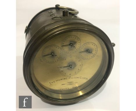 A Turners patent brass homing pigeon clock, Hateley?s patent No 4307/07, barrel form, width 15cm. 