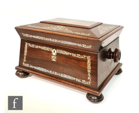 A Regency mother of pearl inlaid table sewing casket, the interior fitted with a tray containing mother of pearl cotton winde
