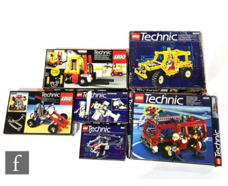 A collection of Lego Technic, comprising 8850 Rally Support Truck, 8280 Fire Engine, 8841 Dune Buggy, 8022 Starter Set, and 8
