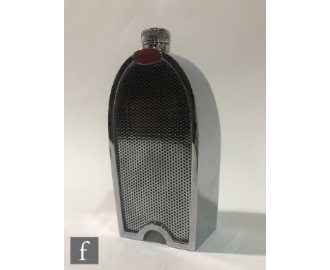 A chromium plated spirit decanter or flask modelled as a classic vintage Bugatti car radiator, with red enamelled Bugatti bad