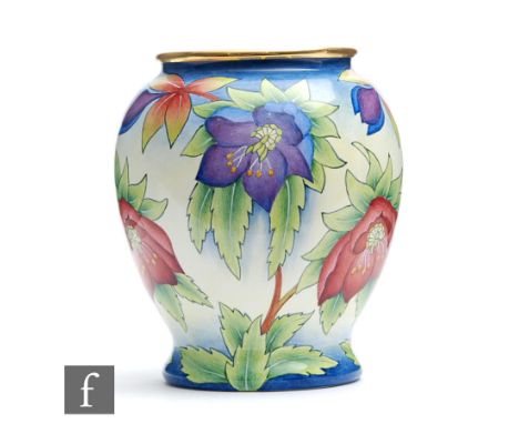 A Moorcroft Enamel vase decorated with hand painted flowers, printed mark, boxed, height 7.5cm. 