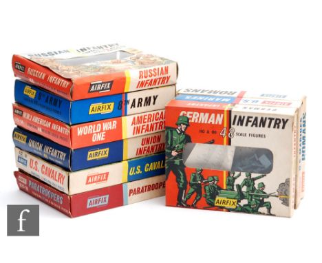 A collection of Airfix OO and HO scale figures, mostly in red line boxes, comprising 8th Army, WW1 American Infantry, Union I