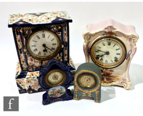 A late 19th Century Japan patterned transfer printed mantle clock, a similar Ansonia example with river scene, height 26cm, a