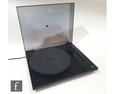 A Rega Planar 2 turntable record player, serial number 226469, on black plinth with dust cover. 