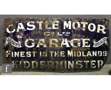 An early 20th Century blue and white enamel advertising sign for 'Castle Motor Company Ltd, Garage, Finest In The Midlands, K