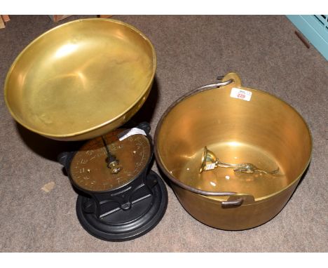 Vintage brass pancheon and set of brass and anodised scales  